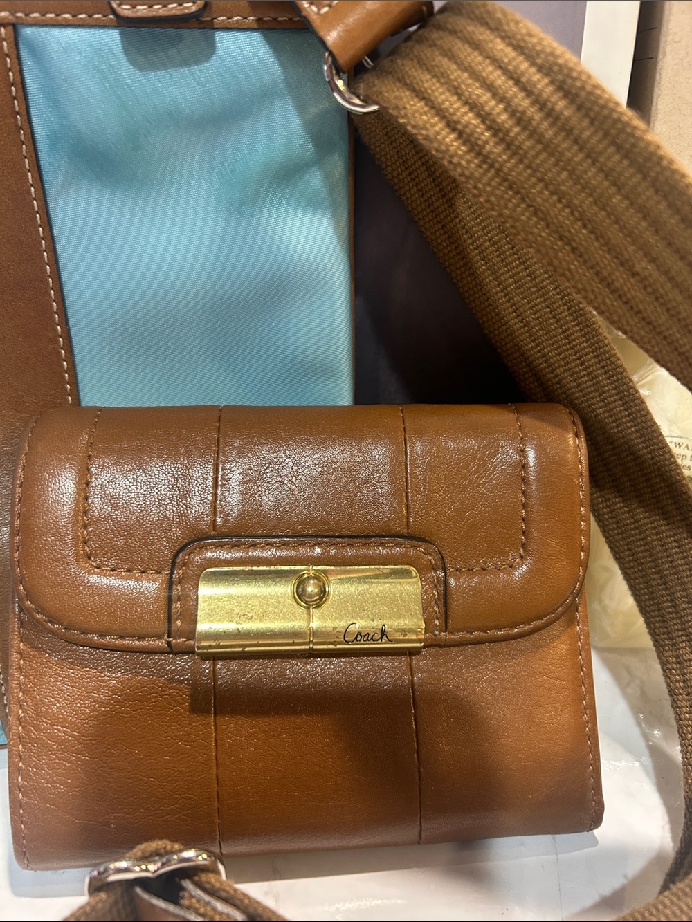 Coach Light Blue and Brown Leather-Trim Crossbody with Matching Wallet - Picture 4 of 13